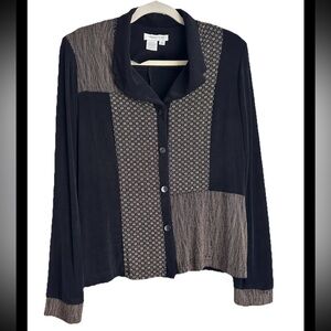 COLDWATER CREEK Black Beige Geo Patchwork Long Sleeve Button Down Blouse Sz 14